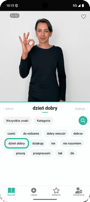 Aplikacja Słownik Migamy - ekran słownika języka migowego PJM