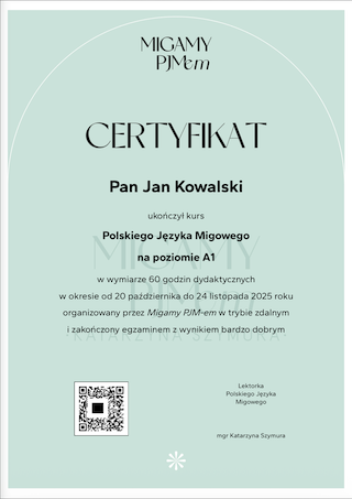 Przykładowy certyfikat ukończenia kursu Polskiego Języka Migowego (PJM)